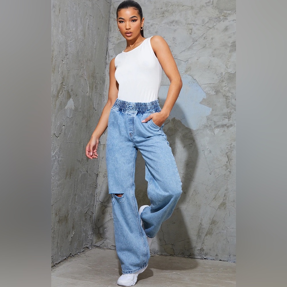 Acid Blue Wash Split Knee Wide Leg Jogger Jeans